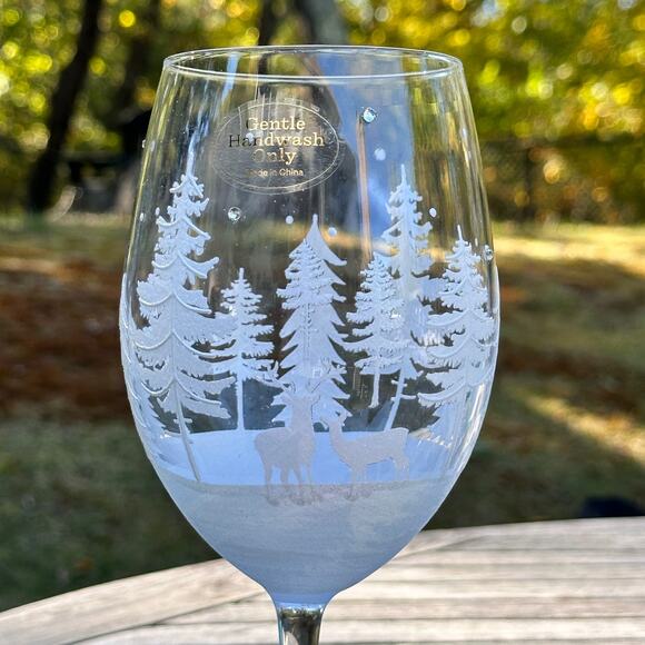 Christmas Tree & Reindeer Stemless Wine Glass 9” Frosted Winter Forest NEW - Picture 6 of 12
